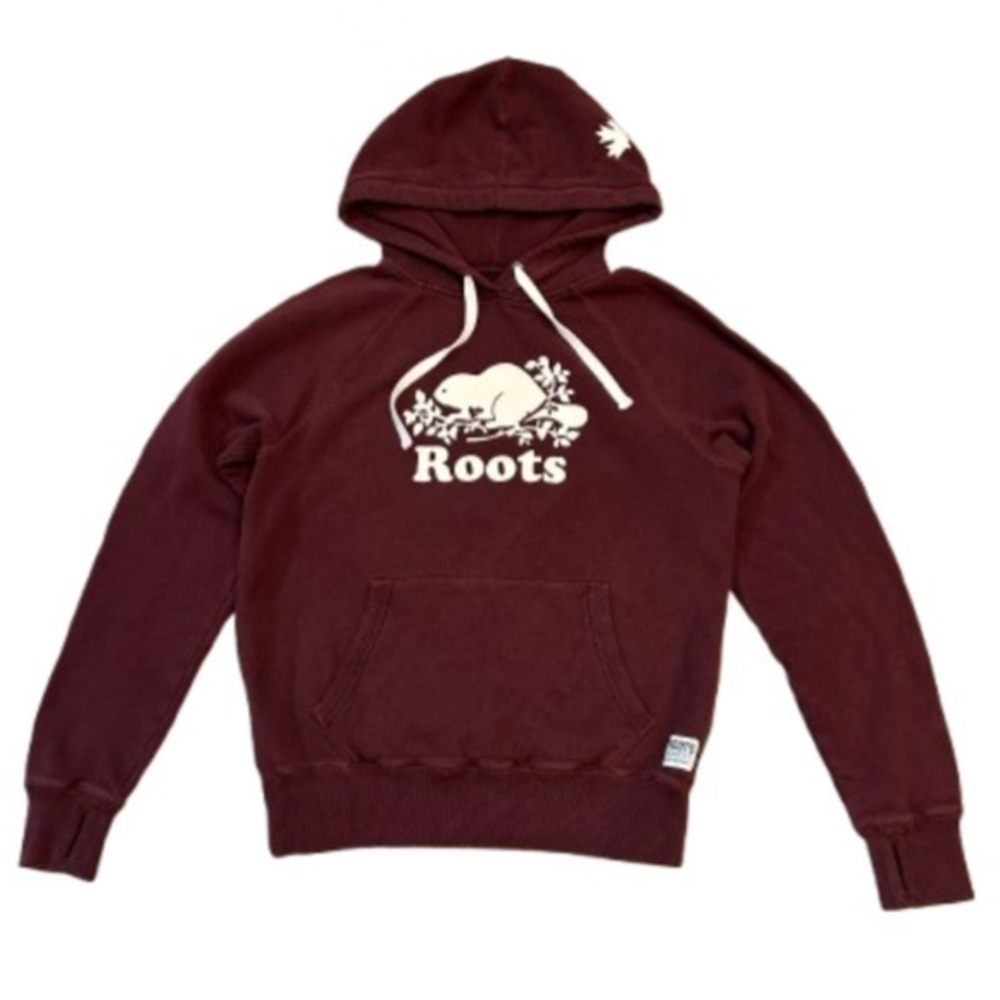 Roots Canada Classic Burgundy Hoodie with White Logo. Front Pocket & Thumb Holes